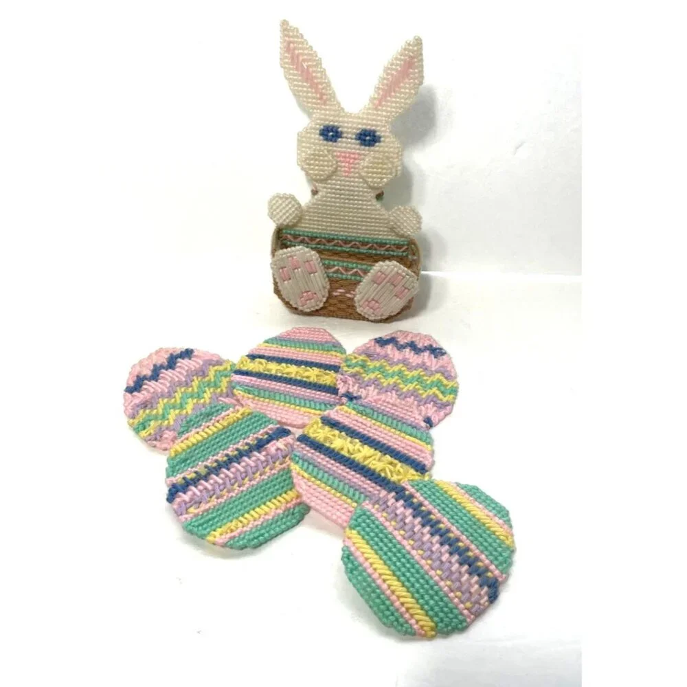 Vintage Easter Bunny Coaster Set With 6 Cross-Stitch Coasters